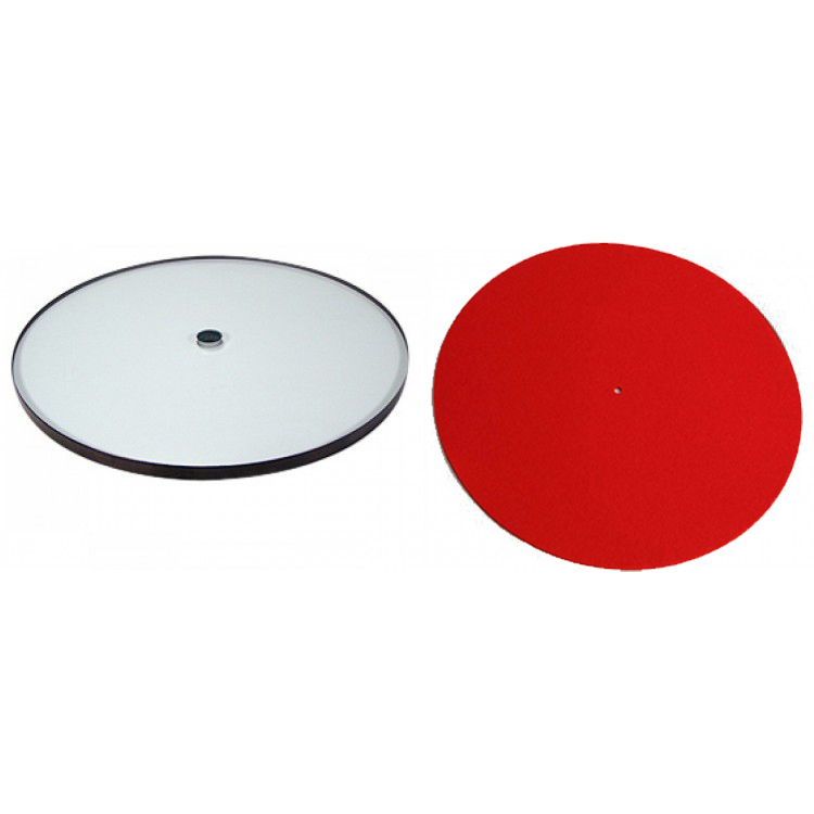 Rega 12mm thick Glass Platter and Red Wool Turntable Mat Combo, product image from Hifiheaven
